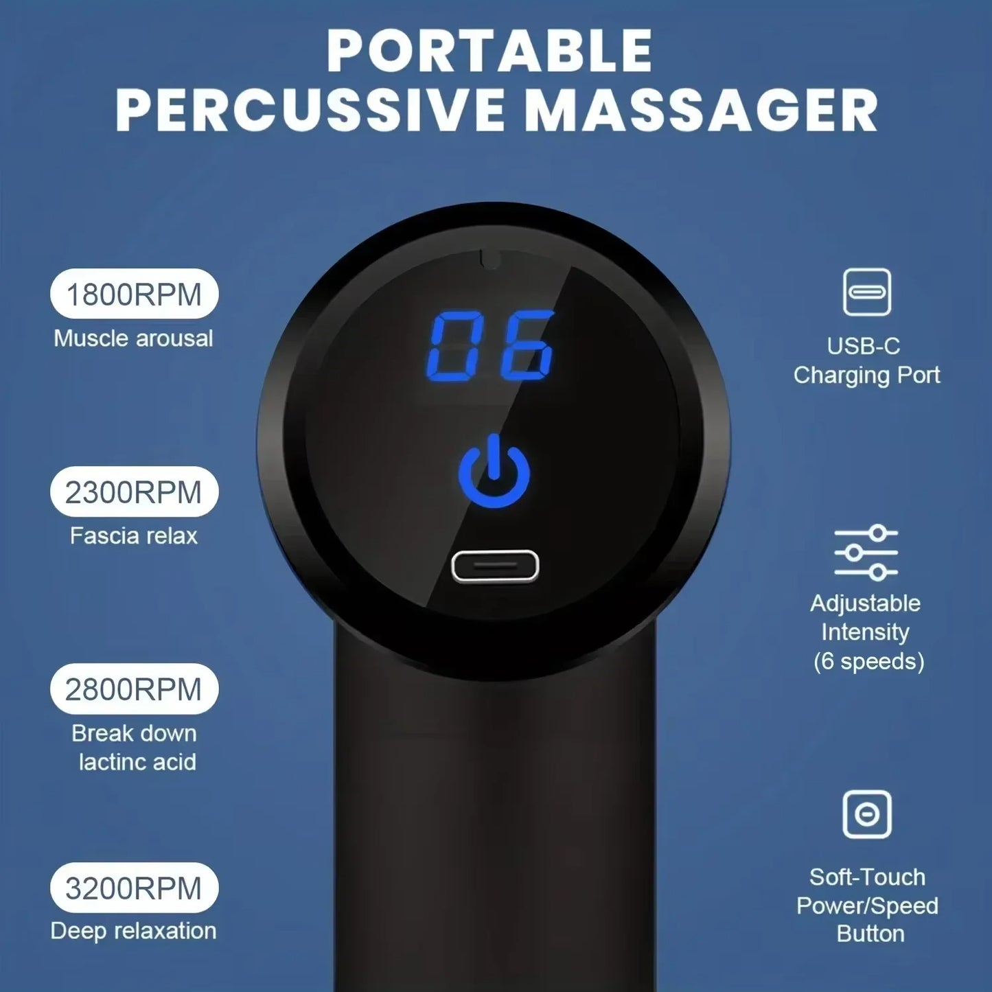 Portable Fascial Massage Gun With LED Touch Electric Percussion Pistol Massager Body Relaxation Screen Replaceable Massage Hea